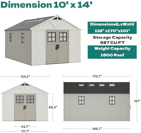 Devoko 10x14 FT Resin Outdoor Storage Shed with Floor, Beige