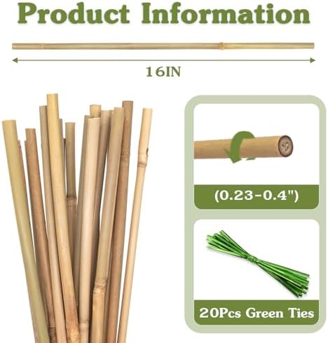 Plant Stakes 16inch, HAINANSTRY 20Pcs Natural Bamboo Sticks Garden Stakes