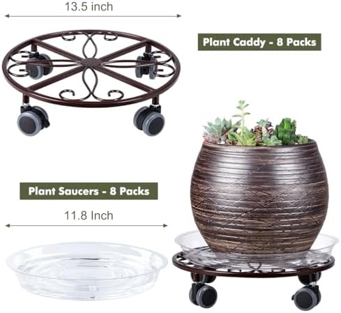 8 Pack Plant Caddy with Wheels & Saucers, Heavy Duty 13.5 Inch Metal Plant Stand with Wheels, Plant Dolly Rolling Plant Stand Plant Roller with Casters for Indoor and Outdoor, Bronze