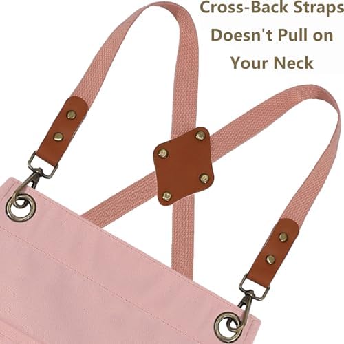 AFUN Chef Aprons for Women Men with Oversized Pockets, 12-Ounce Cotton Canvas Cross Back Water Repellent Apron (Light Pink)