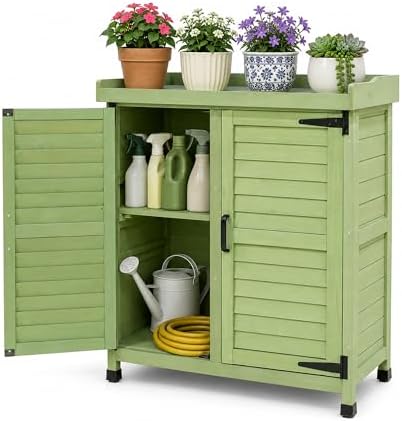 Outdoor Potting Bench with Storage Cabinet, Upgraded Wooden Garden Storage Cabinet with Metal Tabletop, Patio Cabinet for Garden Tools, Backyard, Deck and Outdoor Workstation (Green)