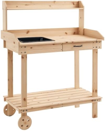 Outsunny 36" Wooden Potting Bench Work Table, 2 Detachable Wheels, Natural