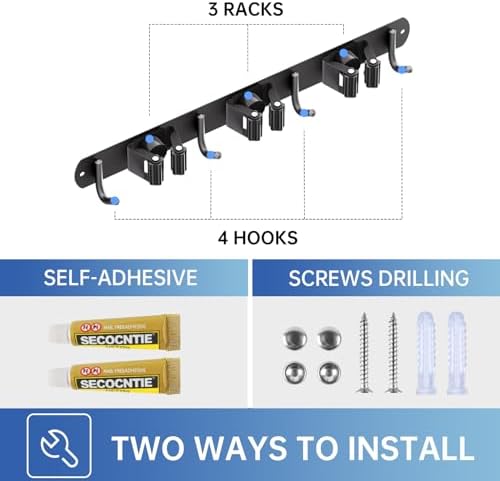 2 Pack Mop Broom Holder Wall Mount 3 Racks 4 Hooks Storage Black