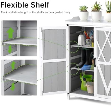 Outdoor Potting Bench with Metal Work Top,Waterproof Garden Storage Cabinet, Wooden Garden Work Bench with Adjustablev Shelves & Double Doors for Backyard, Patio, Lawn Gardening,White Grey