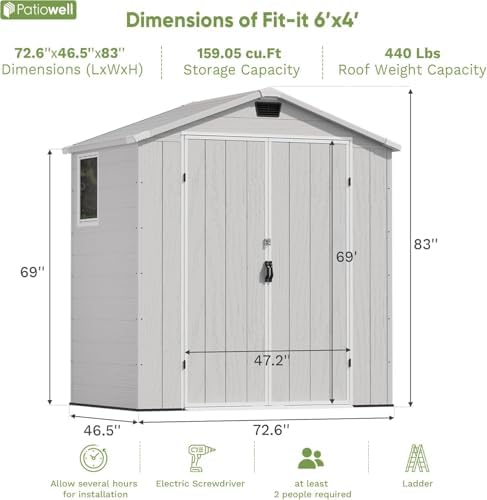Patiowell 6X4 FT Resin Outdoor Storage Shed with Floor, Light Grey