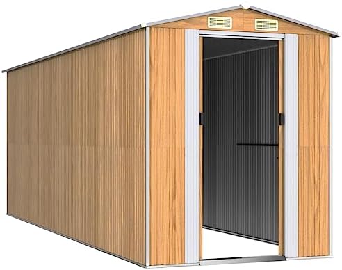 Large Outdoor Garden Shed, 75.6 x 205.5 Inch Galvanized Steel Storage Shed with Double Sliding Doors, Weather-Resistant Backyard Tool Organizer for Patio and Lawn, Light Brown
