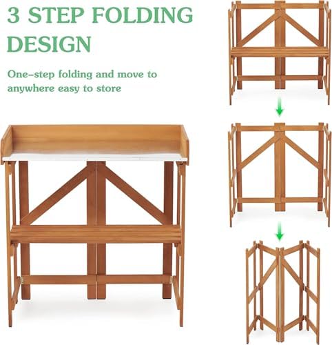 Folding Potting Bench Table, Outdoor Workstation with Galvanized Tabletop and Storage Shelf for Garden, Deck, Balcony, Easy Assembly