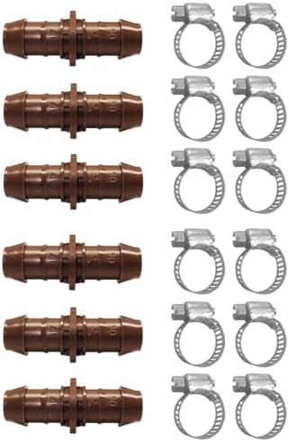 LECTO Universal 5/8", 1/2", .700" Drip Line Repair & Extension Kit – 6 Pack Plastic Couplers with 12 Stainless Steel Hose Clamps