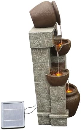 Teamson Home 28 in. Cascading Bowls and Stacked Stones LED Outdoor Water Fountain for Outdoor Living Spaces to Create a Calming Oasis in Gardens and Landscaping, on Patios, Balconies, Lawns, Brown