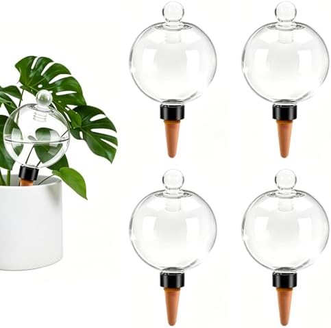 4pcs Plant Self Watering Globes with Covers, Plastic Water Bulbs Top Fill, Plant Watering Devices System Slow Release Terracotta, Water Spikes Stakes for Indoor (4)