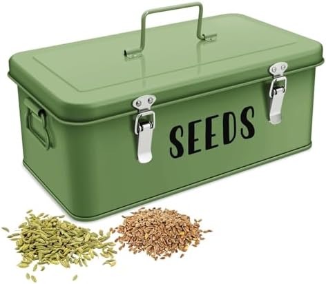 Flexzion Seed Storage Organizer Box, Metal Seed Packet Organizer, Green