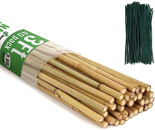 SWANGSA 40 Pack Bamboo Stakes for Plant 3 Feet,Bamboo Sticks Plant Support Garden Stakes Poles with 200pcs Twist Ties for Tomatoes, Beans, Flowers, Potted Plants, Indoor and Outdoor Climbing Plants