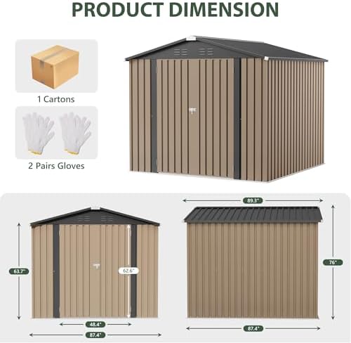 JUMMICO 8x8 FT Outdoor Storage Shed, Tool Metal Sheds, Brown