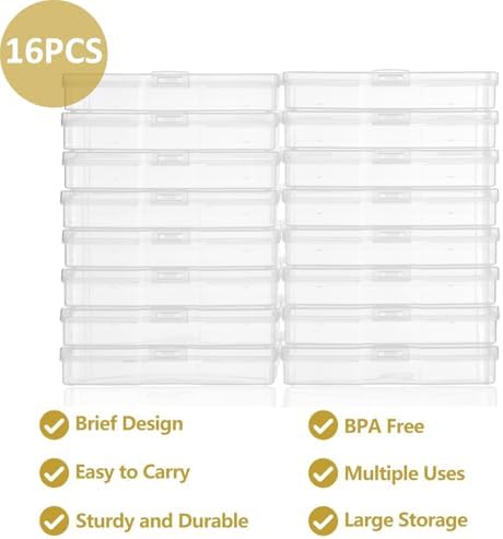 Photo Storage Box with 16 Inner 4" x 6" Photo Case, Portable Storage Organizer with Handle Craft Keeper for Picture, Stickers, Stamps, Screws, Hair Clips, Clear