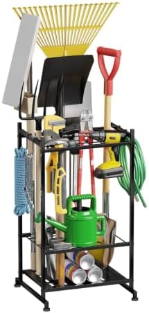 Garden Tool Organizer with Leveling Feet, Yard Tool Tower Rack for Garage Organization, Up to 25 Long-Handled Tools/Rakes/Brooms for Shed, Outdoor, Black