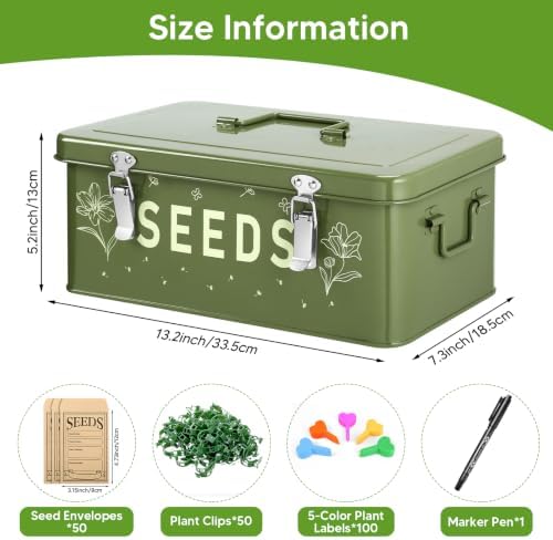 Seed Storage Organizer Box with 4 Compartments, Metal Seed Saving Container with Lockable Lid and Safety Locks, Includes 50 Envelopes, 100 Plant Labels, 50 Clips and Marker (Olive Green)