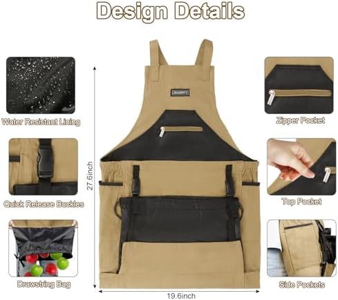 Garden Apron,Harvest Aprons with Drawstring Bag and Pockets for Women and Men,Canvas Fruit Picking Apron