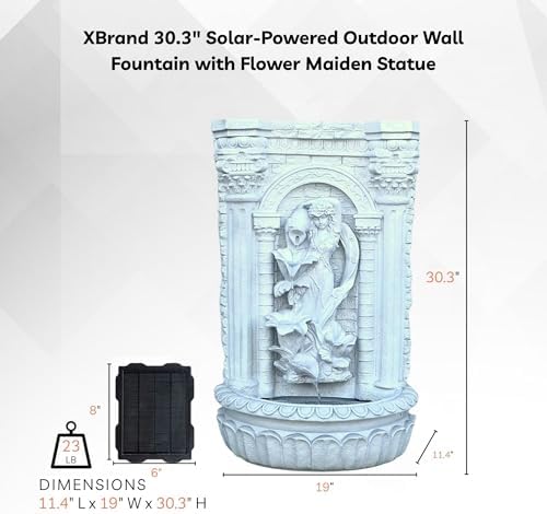 XBrand 30.3" Solar-Powered Wall Mounted Water Fountain with Maiden & Floral Detail, Tiered Waterfall Design for Garden, Yard or Courtyard, Durable Polyresin, Antique Stone