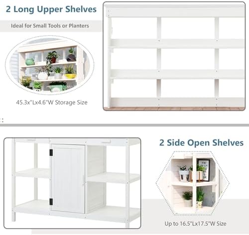 66” Large Outdoor Potting Table with 2 Drawers, Cabinet, Open Shelves, Wooden Potting Bench for Garden, Patio, Farmhouse, Backyard, Spacious Workstation (White, 66")