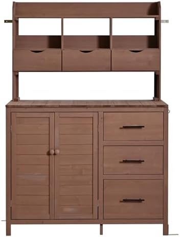 Farmhouse Patio Potting Bench, 44.6''x19.5'' Large Freestanding Garden Workstation with 6 Drawers and Side Hook, Outdoor Kitchen Island (Brown-2)