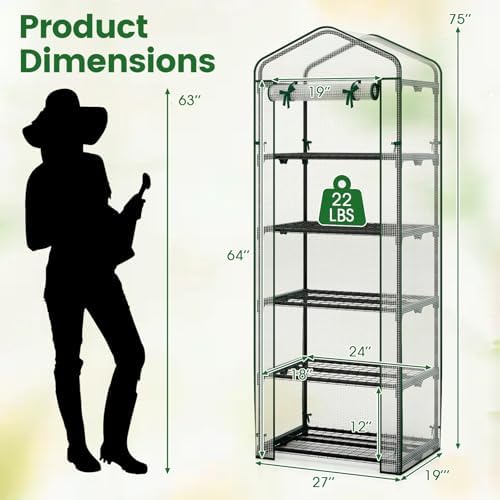 Giantex Mini Greenhouse Indoor Outdoor, 27" x 19" x 75" Portable Plant Grow House with 5 Tier Shelves, PE Cover, Roll-Up Zipper Door, Rustproof Elector-Coating Metal Frame for Patio Balcony Garden