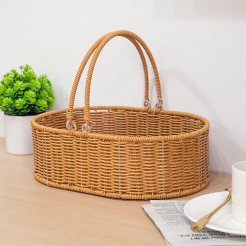 YRMT Small Rattan Basket with Handles, Handwoven Wicker Basket for Garden Harvest, Fruit Picking, Gift Basket, Storage Organizing 13"x9"x4.5" (Rattan)