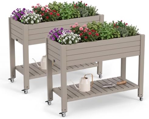 2 Outdoor Patio Raised Garden Bed Elevated Planter Box Resin Plant Stand Gardening with Storage Shelf Legs Wheels Drainage Water Gauge,Grey