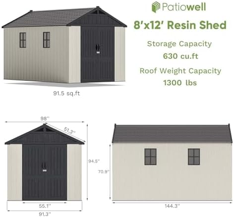 Patiowell 8x12 FT Resin Outdoor Storage Shed with Floor, Beige