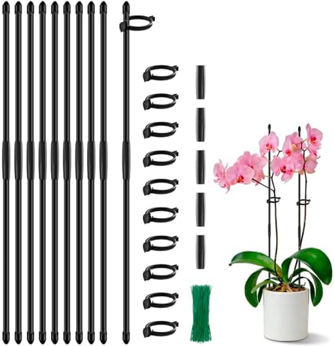 Plant Stakes 17 inch SupKing Support Stick Orchid Stakes with Clips 10Pcs Garden Plant Poles Extended to 3/4/5ft for Indoor Outdoor Potted Tomato Rose Amaryllis Vegetables Monstera -Black