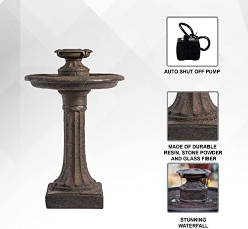 XBrand 28" Solar Outdoor Bird Bath Water Fountain with Pump, 1-Tier Resin Garden Fountain, Weather Resistant Patio Décor with Auto Shut-Off Feature, Brown