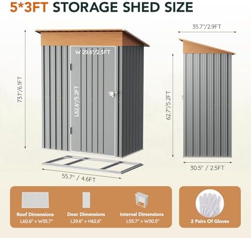 5x3FT Outdoor Storage Shed with Floor Frame,Matte Gray