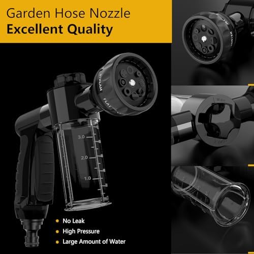Garden Hose Nozzle, High Pressure Spray Gun Nozzle, 8 Spray Patterns for Watering Plants, Lawn, Patio, Cleaning, Showering Pet with 3.5oz/100cc Soap Dispenser Bottle
