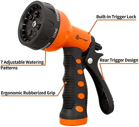 AUTOMAN-Garden-Hose-Nozzle,ABS Water Spray Nozzle with Heavy Duty 7 Adjustable Watering Patterns,Slip Resistant for Watering Plants,Lawn& Garden,Washing Cars,Cleaning,Showering Pets - Orange