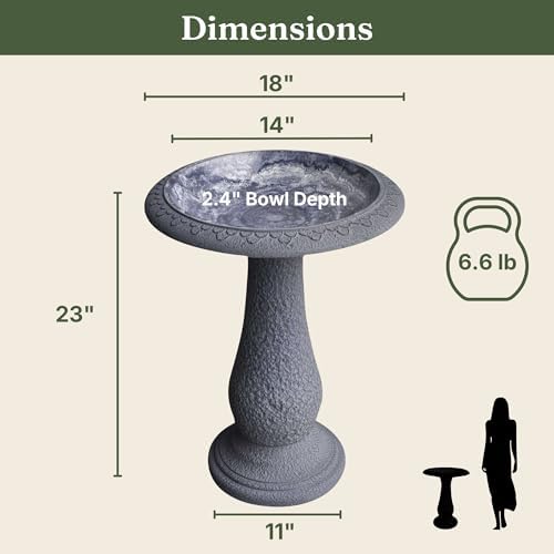 Pedestal Birdbath with Solar Fountain, Resin Stone Composite Outdoor Garden Decor, Standing Bird Bath for Outside Patio Yard, 23-Inch Tall, Garden Fountain, Resin Bird Baths, Hummingbird Bowl