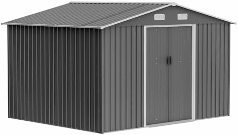 Storage Shed 10x8 FT, Large Metal Tool Shed for Outdoor Storage, Galvanized Steel Garden Shed with Lockable Sliding Doors for Patio, Backyard, Lawn, Grey