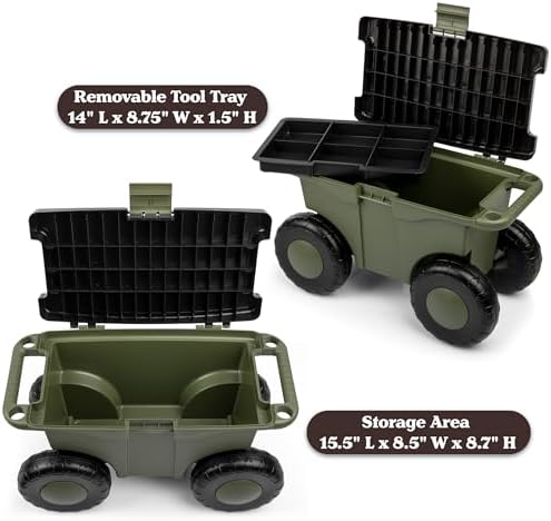 Pure Garden Rolling Garden Cart with Seat, Green
