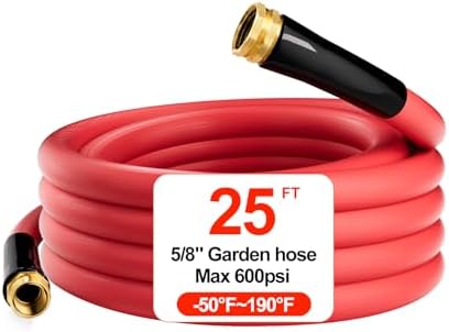 25ft x 5/8'' Hot/Cold Rubber Garden Water Hose, -50℉ to 190℉