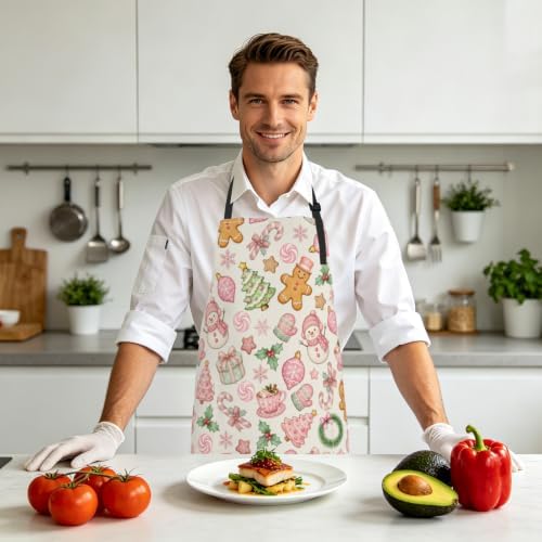 Christmas Aprons Pink Gingerbread Man Kitchen Apron with 2 Pockets