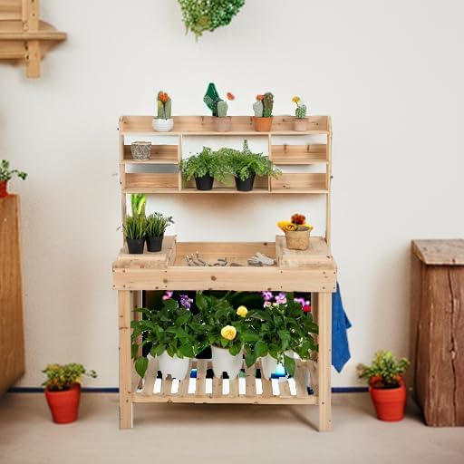 HAPPYGRILL Potting Bench Table, 60” Wood Garden Work Bench with Storage