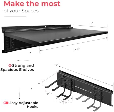 Garage Tool Organizer Wall Mount 96", 2 Shelves & 6 Double Hooks