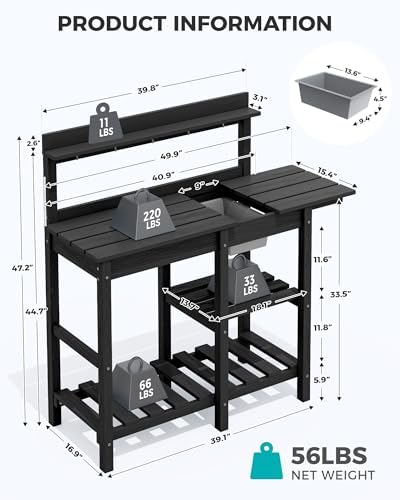 SERWALL Outdoor Potting Bench Set of 2 with Sink,Gardening Table,Black