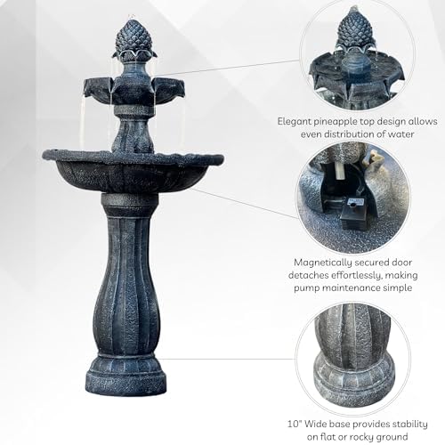 XBrand 44" H Gray Fiberglass/Resin 2-Tier Solar Water Fountain w/Solar Panel and Auto-Shut Off Pump, Solar Garden Fountain, Tall Outdoor Fountain, Two Tiered Birdbath Fountain