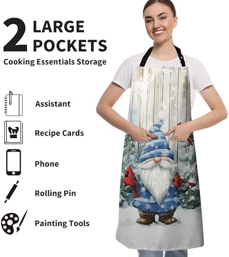 Blue Christmas Gnome Apron Gnome Cardinal Birds Kitchen Apron Winter Aprons with Adjustable Strap Snowy Trees Snowflakes Aprons with Two Pockets for Cooking Baking Crafting Painting