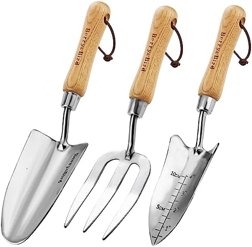Berry&Bird Garden Tool Set- 3PCS Stainless Steel Gardening Tool Sets with Wooden Handle Trowel Weeding Fork & Digging Shovel Hand Tool Kit for Planting, Ideal Gardening Gift for Women & Men