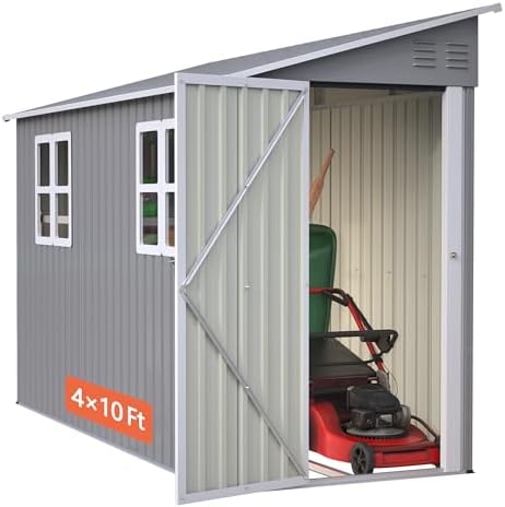4x10 Ft Outdoor Heavy-Duty Shed, Metal Lean to Shed with Floor Kit and 2 Windows for Tools, Bikes, Patio Equipment, with Left/Right Door Options