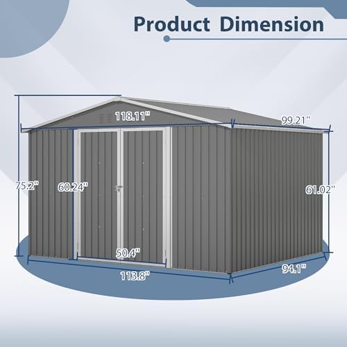 YOPTO 10X8 FT Outdoor Storage Shed,Metal Shed W/Floor Frame,Garden Tool House W/Lockable Hinged Door,Air Vents & Sloped Roof,for Backyard Patio Lawn,Gray