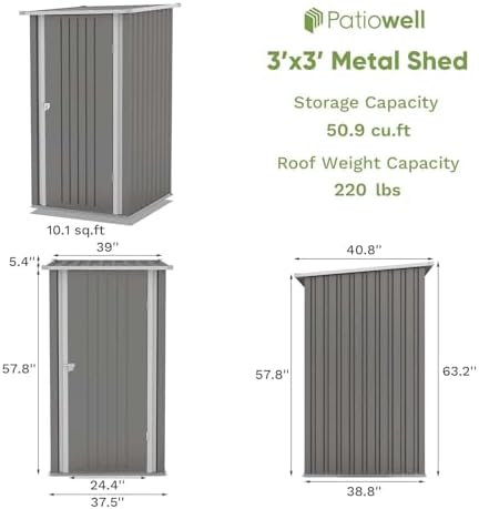 Patiowell 3x3 FT Outdoor Storage Shed, Metal Sheds, Grey