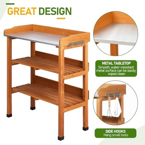 Outdoor Garden Potting Bench Table Work Bench with 2-Tier Storage Shelf, Metal Tabletop, 3 Hooks for Horticulture, Natural Wood