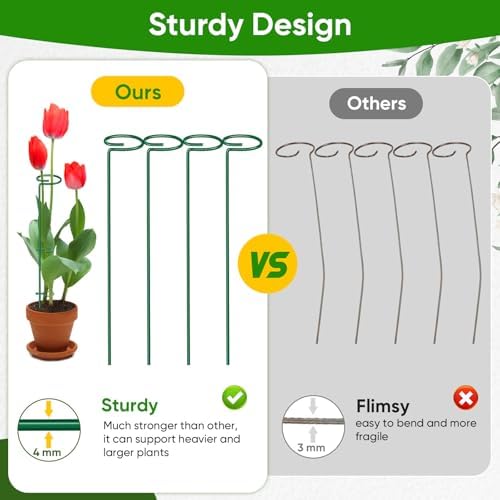 HiGift 17 inch Plant Support Stakes, 4mm Thick Garden Single Stem Flower Support Stake Amaryllis Plant Cage Support Rings with 10 pcs Plant Clips for Tomato Orchid Lily Peony Rose Flower Stem-5 Pack