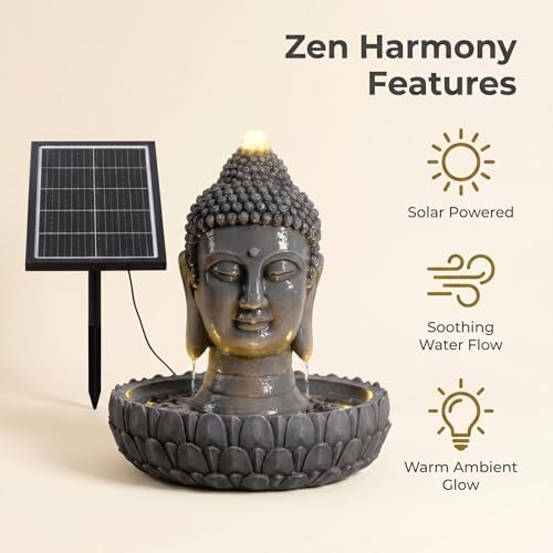 20'' Buddha Statue Outdoor Solar Water Fountain, Quiet Automatic Waterfall Feature, Zen Garden Decorative Fountain, Relaxation Landscape Ornament for Patio, Balcony, Lawn & Yard